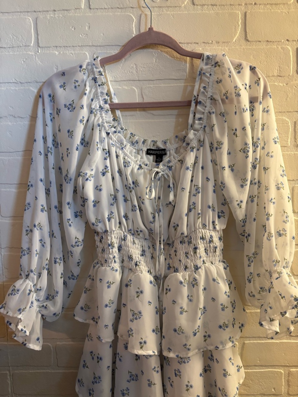 Harper&Ivy White Blue Floral Peasant Dress